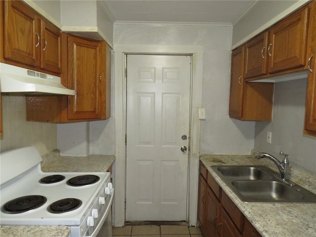 kitchen with ornamental molding, white electric range, sink, and light tile patterned floors