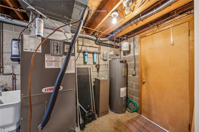 utilities with sink, electric water heater, and heating unit