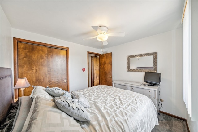 carpeted bedroom featuring ceiling fan and a closet