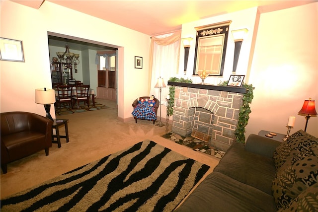 carpeted living room with a fireplace