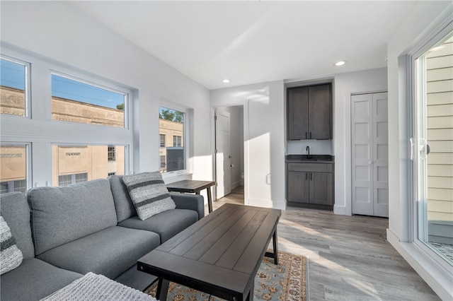 living room featuring light wood-type flooring and sink