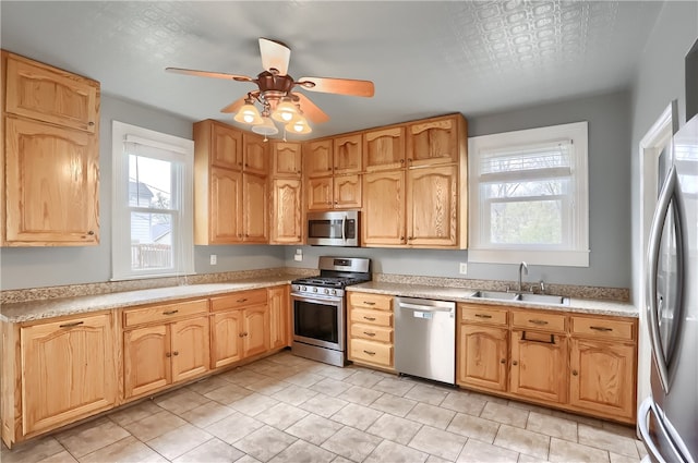 kitchen with stainless steel appliances, ceiling fan, and sink