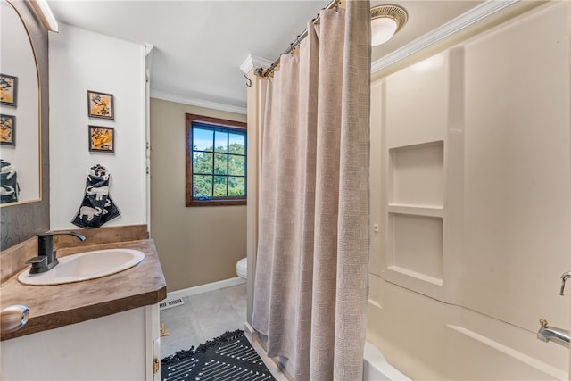 full bathroom with vanity, shower / bath combo, ornamental molding, toilet, and tile patterned floors