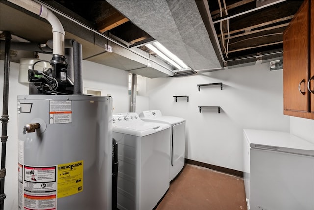 washroom with washing machine and clothes dryer and gas water heater