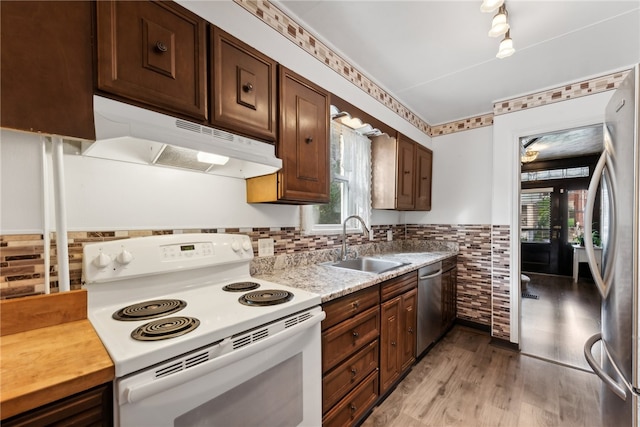 kitchen with a wealth of natural light, sink, appliances with stainless steel finishes, and light wood-type flooring