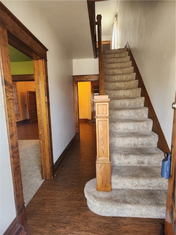 staircase featuring hardwood / wood-style flooring