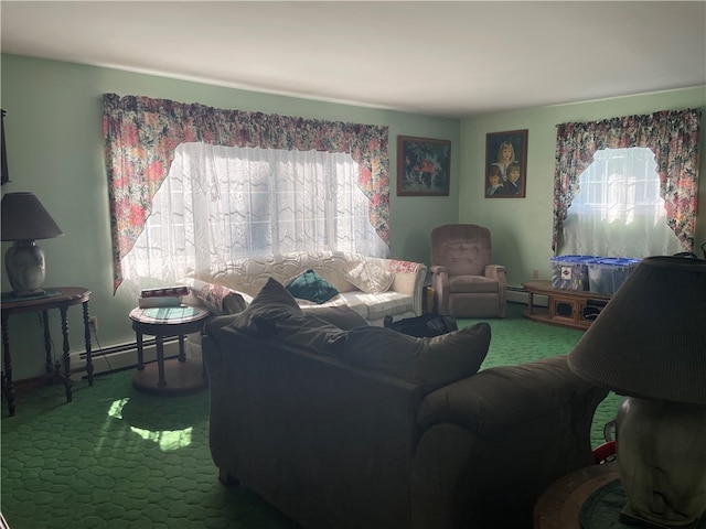 living room featuring a baseboard heating unit and carpet floors