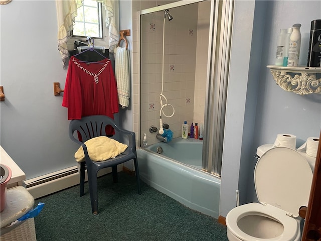 bathroom with a baseboard heating unit, combined bath / shower with glass door, and toilet