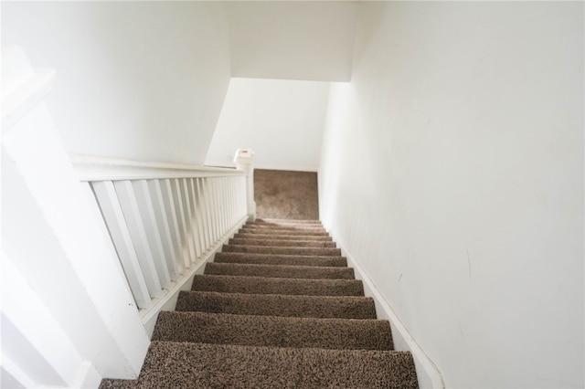 stairway featuring carpet