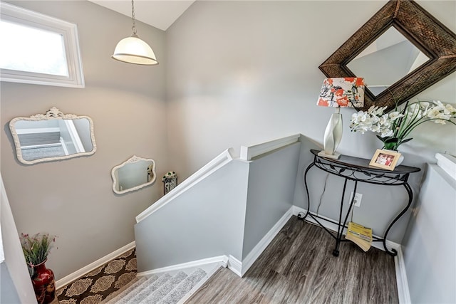 stairway featuring lofted ceiling and hardwood / wood-style flooring