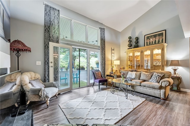 living room with hardwood / wood-style floors and high vaulted ceiling