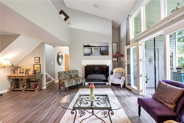 living room featuring high vaulted ceiling and wood-type flooring