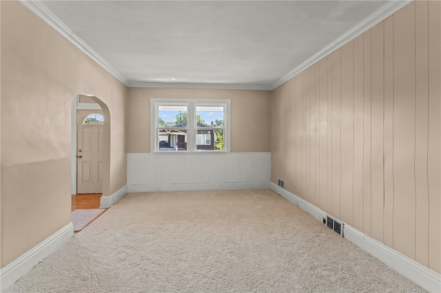 carpeted spare room with wooden walls and ornamental molding