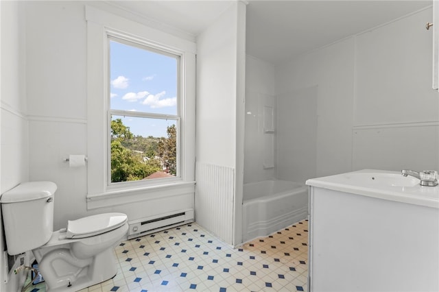 full bathroom featuring baseboard heating, independent shower and bath, vanity, and toilet