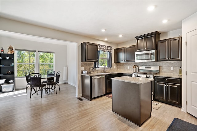 kitchen with light wood-type flooring, a center island, appliances with stainless steel finishes, and backsplash