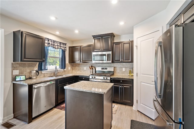 kitchen featuring appliances with stainless steel finishes, sink, decorative backsplash, and a center island