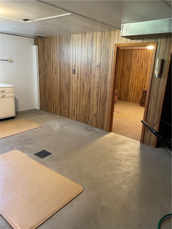 basement featuring wooden walls