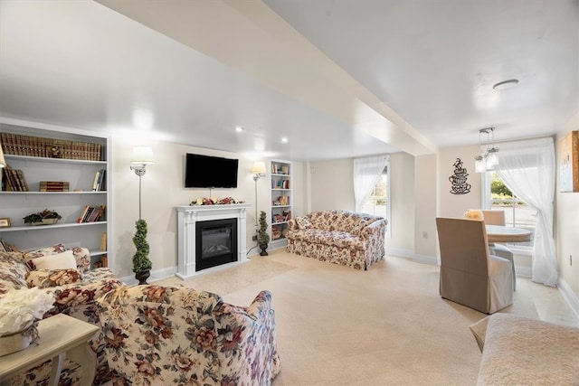 living room with light colored carpet