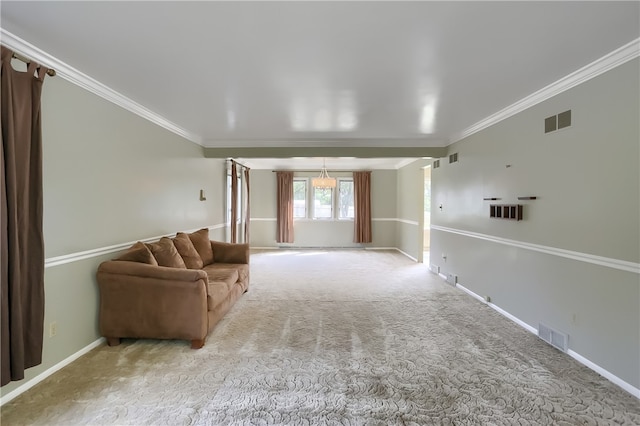 unfurnished living room with light carpet and ornamental molding