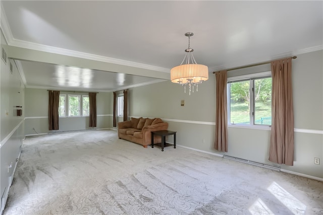 carpeted empty room featuring ornamental molding, a chandelier, and a baseboard radiator