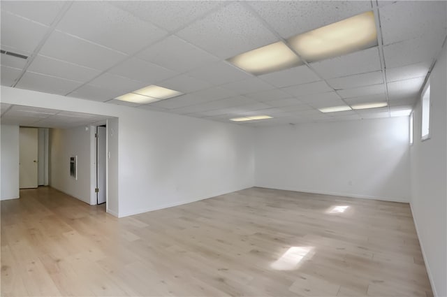 unfurnished room with light hardwood / wood-style floors and a drop ceiling