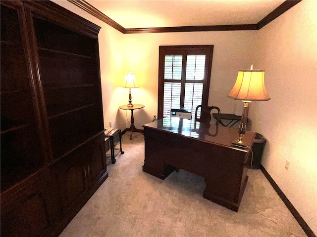 office area with ornamental molding and light carpet