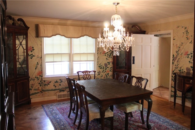 dining area featuring an inviting chandelier, parquet flooring, and ornamental molding