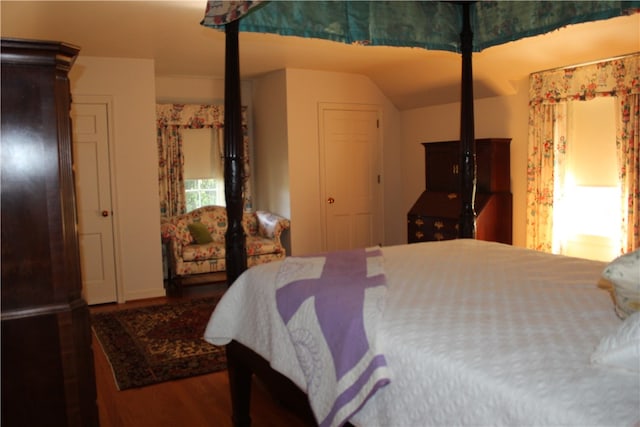 bedroom with lofted ceiling and dark hardwood / wood-style flooring