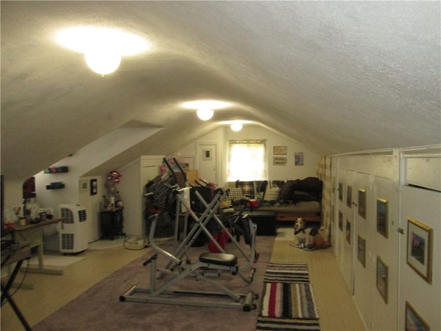 interior space with vaulted ceiling, a textured ceiling, and carpet flooring