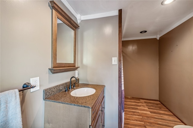 bathroom featuring vanity, ornamental molding, and wood-type flooring