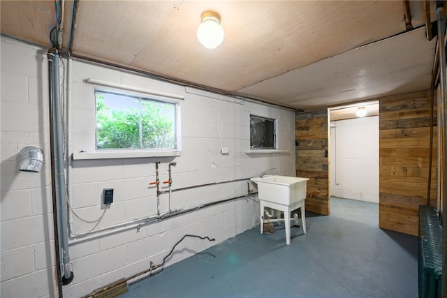 basement featuring wood walls and radiator heating unit