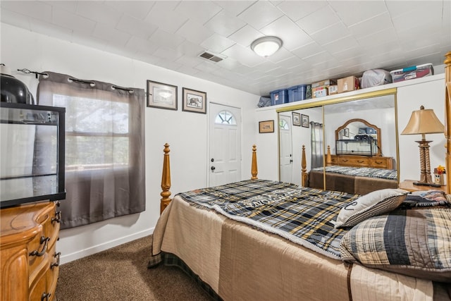 carpeted bedroom with multiple windows and a closet