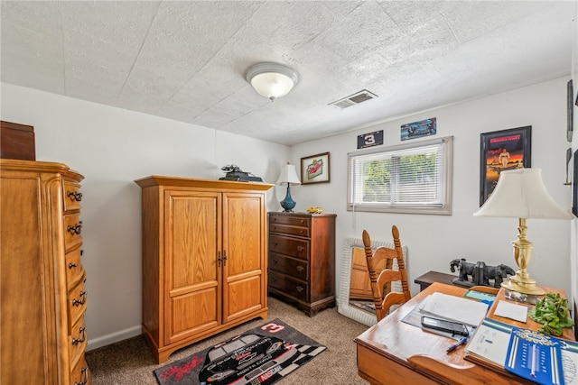 office with a textured ceiling and light colored carpet