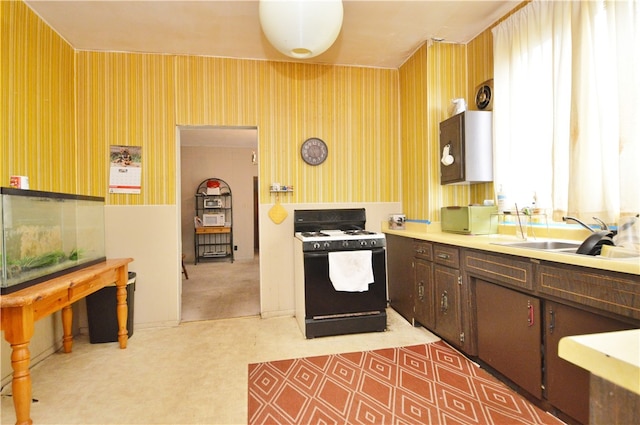 kitchen featuring carpet, black gas range oven, dark brown cabinetry, and sink