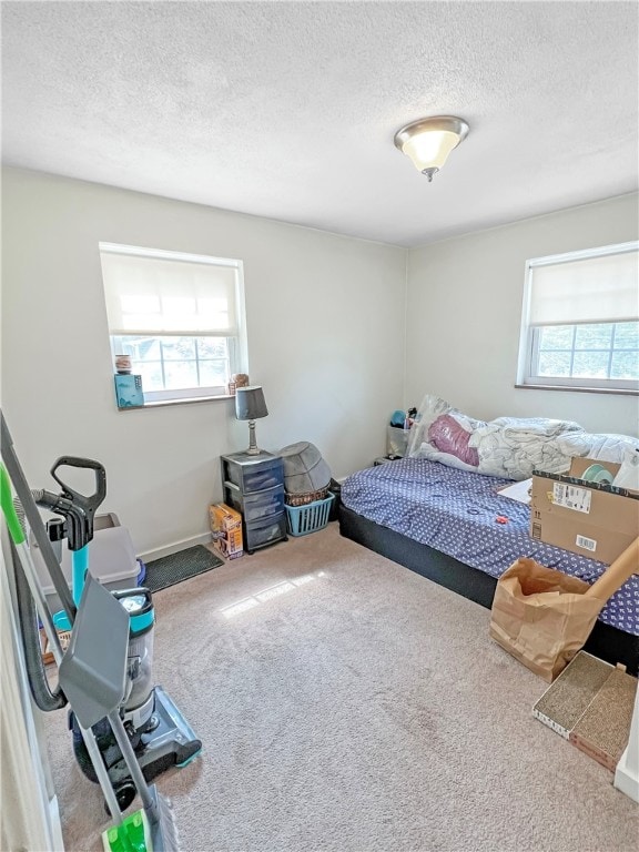 carpeted bedroom with multiple windows and a textured ceiling