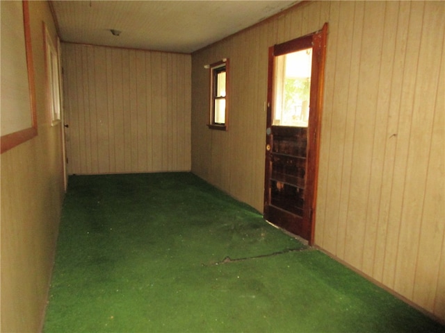 hallway featuring wooden walls and dark colored carpet