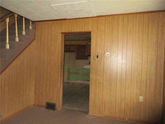 basement featuring carpet and wood walls