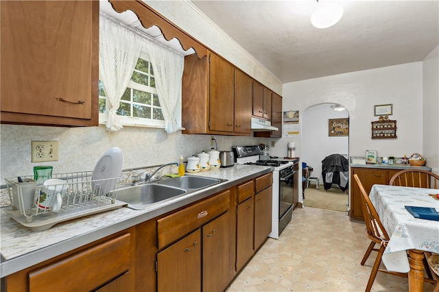 kitchen featuring white range with gas stovetop and sink