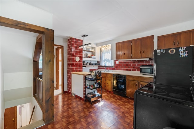 kitchen featuring sink, hanging light fixtures, decorative backsplash, black appliances, and dark parquet flooring