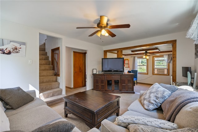 carpeted living room featuring cooling unit, beamed ceiling, and ceiling fan