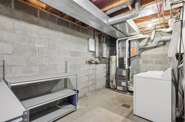 basement featuring gas water heater, electric panel, washer / clothes dryer, and heating unit