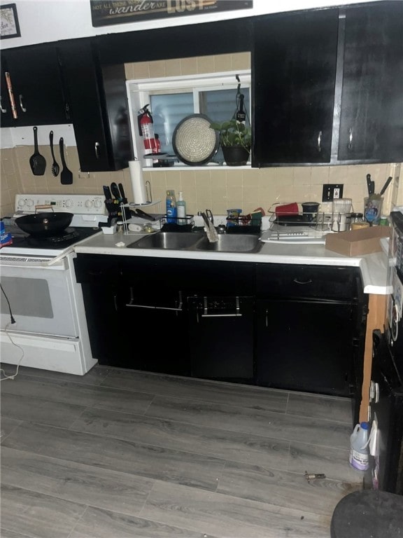 kitchen featuring wood-type flooring, backsplash, sink, and electric range