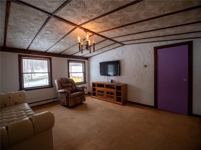 carpeted living room with an inviting chandelier, a baseboard heating unit, and vaulted ceiling