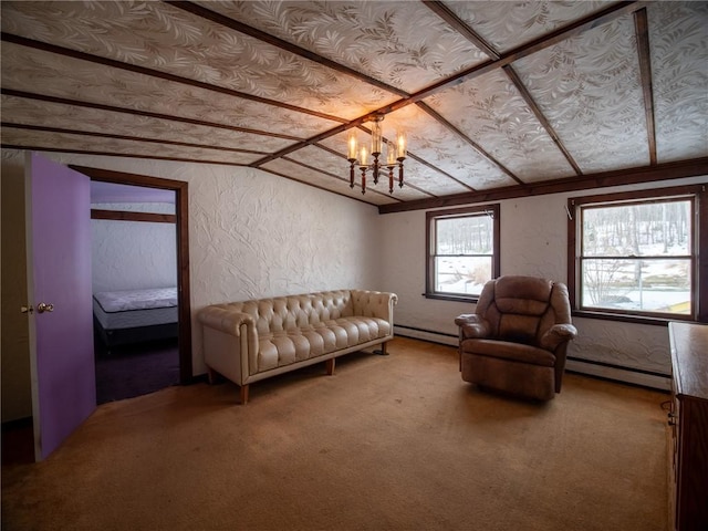 living area with baseboard heating, lofted ceiling, carpet flooring, and a chandelier