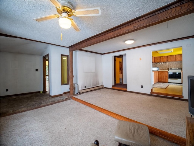 interior space with crown molding, carpet floors, and a baseboard radiator