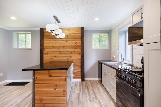 kitchen with black gas stove, a healthy amount of sunlight, pendant lighting, and sink