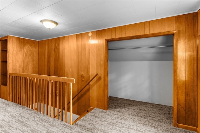 interior space featuring wood walls and carpet