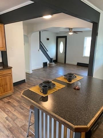 interior space with ornamental molding, ceiling fan, and dark hardwood / wood-style floors