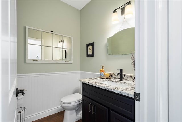 bathroom with wood-type flooring, vanity, and toilet