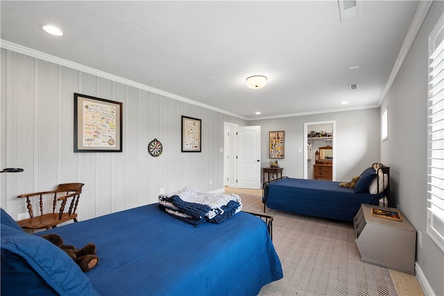 bedroom featuring wooden walls and ornamental molding